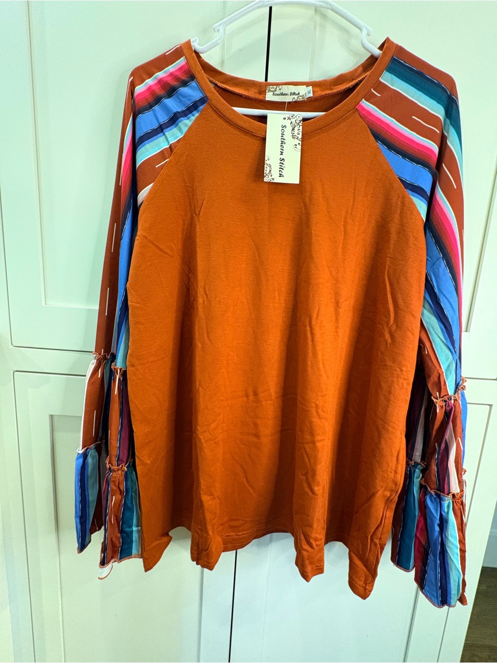 Rust Striped-Sleeve Tunic Top